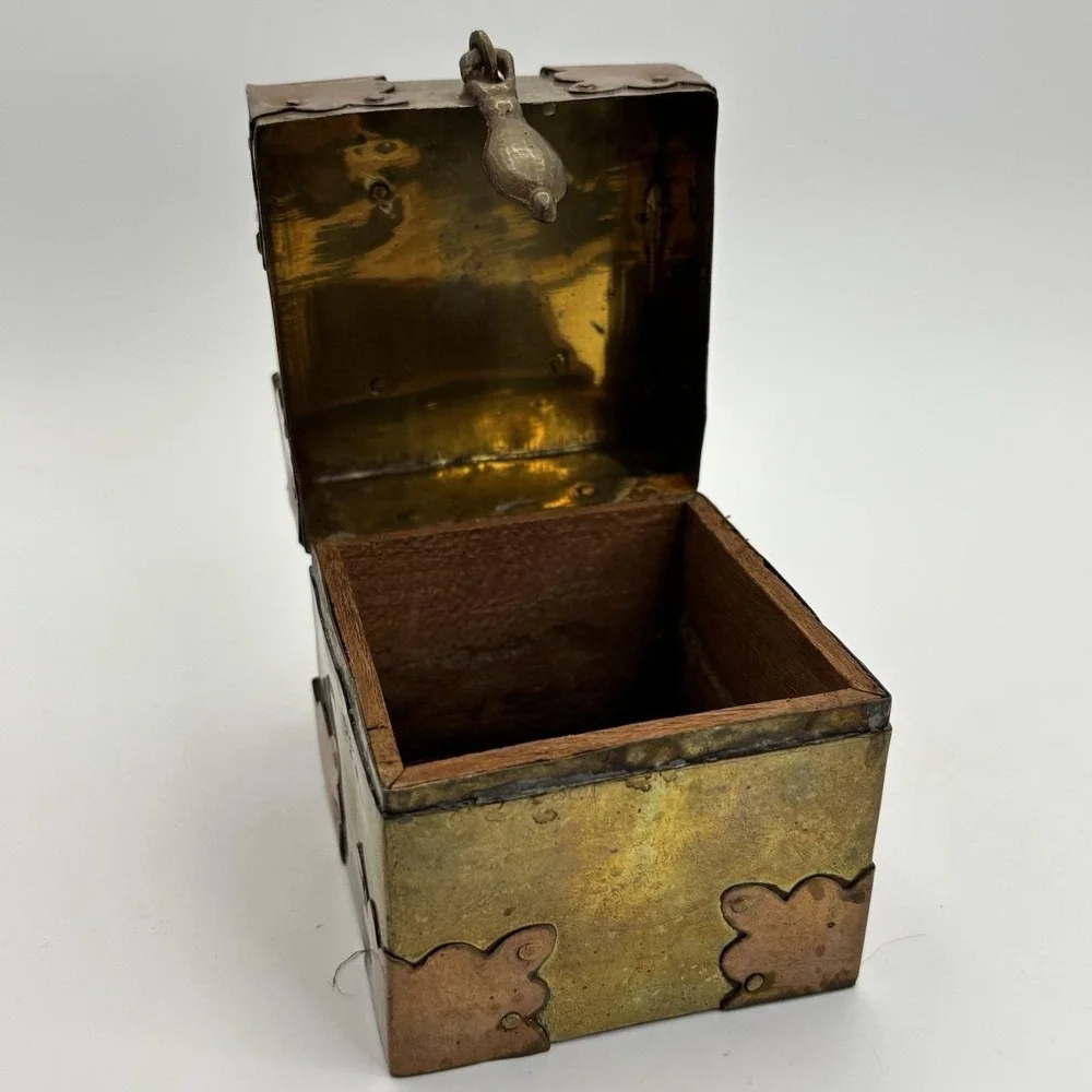 Vtg Brass‎ Copper Box Wood Lined  Hand Crafted Brass Fitted Made In India Patina